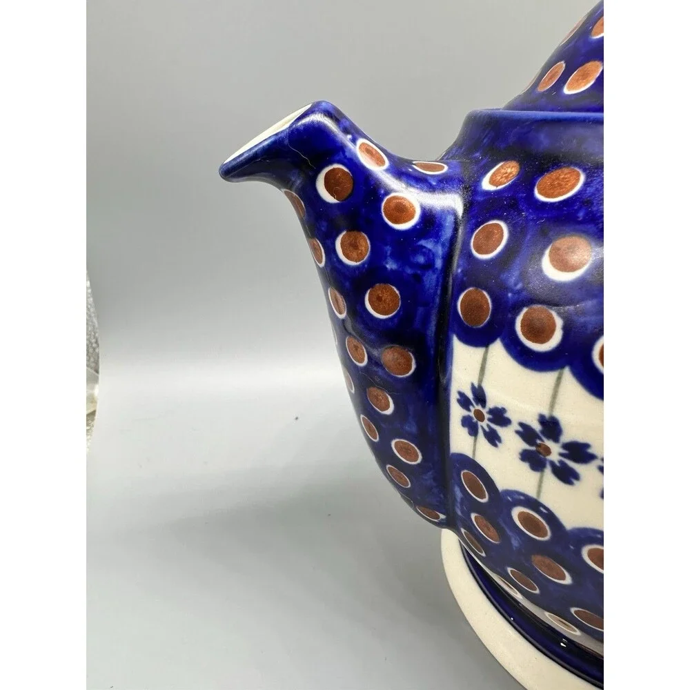 Boleslawiec Polish Pottery Teapot Red Peacock Eye Bird Finial Lid Large 9”